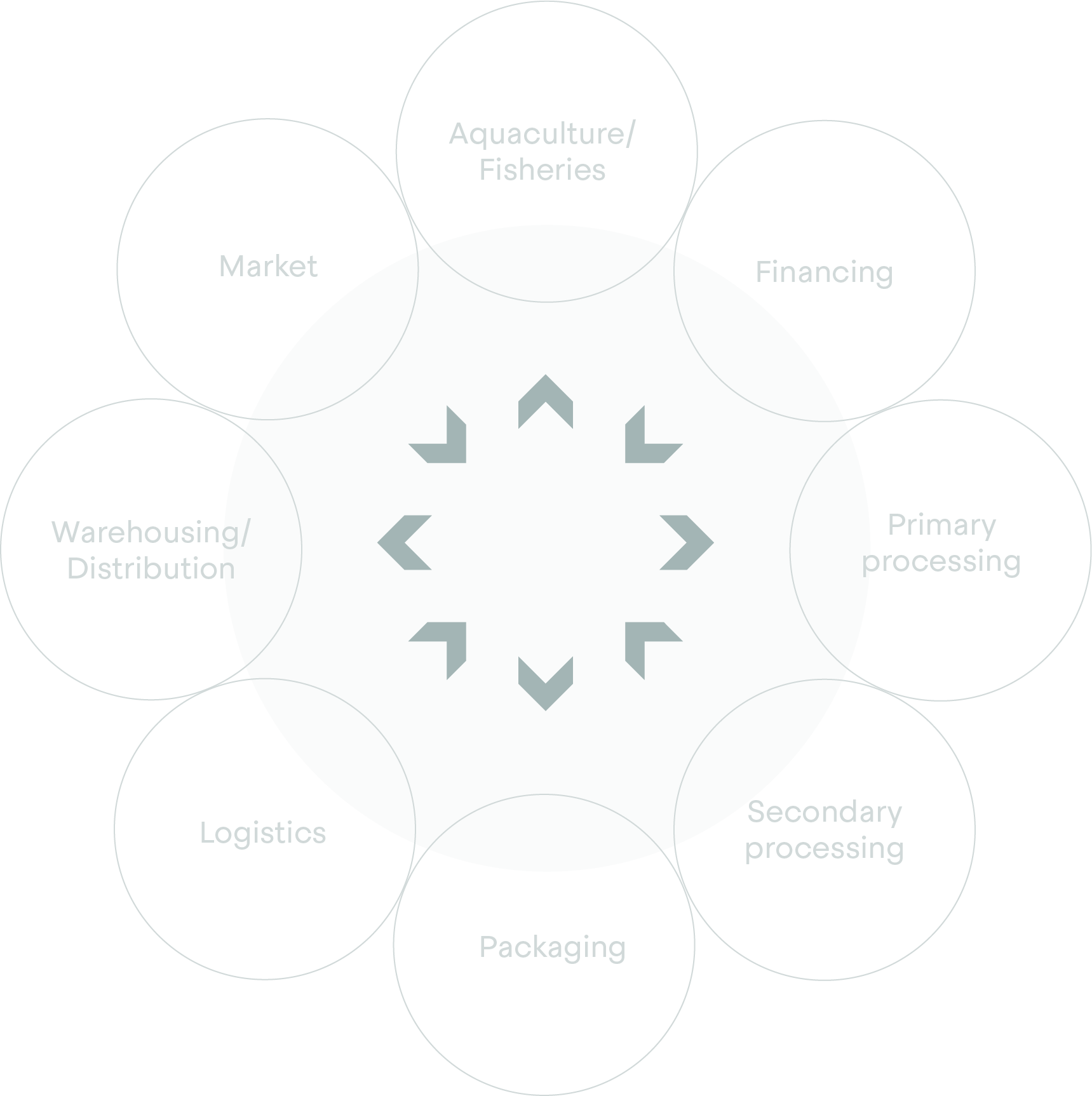 A picture of the Blue Resource Group value chain, displaying partnership and co-creation between aquaculture, financing, primary processing, secondary processing, packaging, logistics, distribution and market.