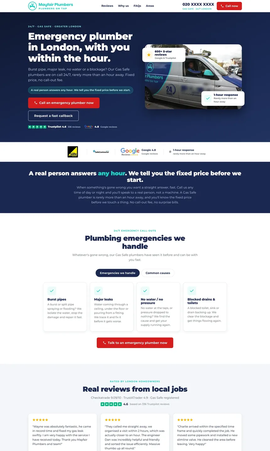 Mayfair Plumbers London: the top of the page on desktop