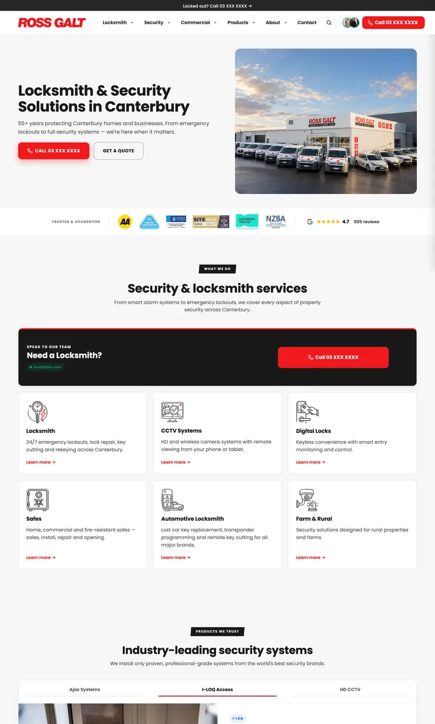 Ross Galt Lock & Alarm: the top of the page on desktop