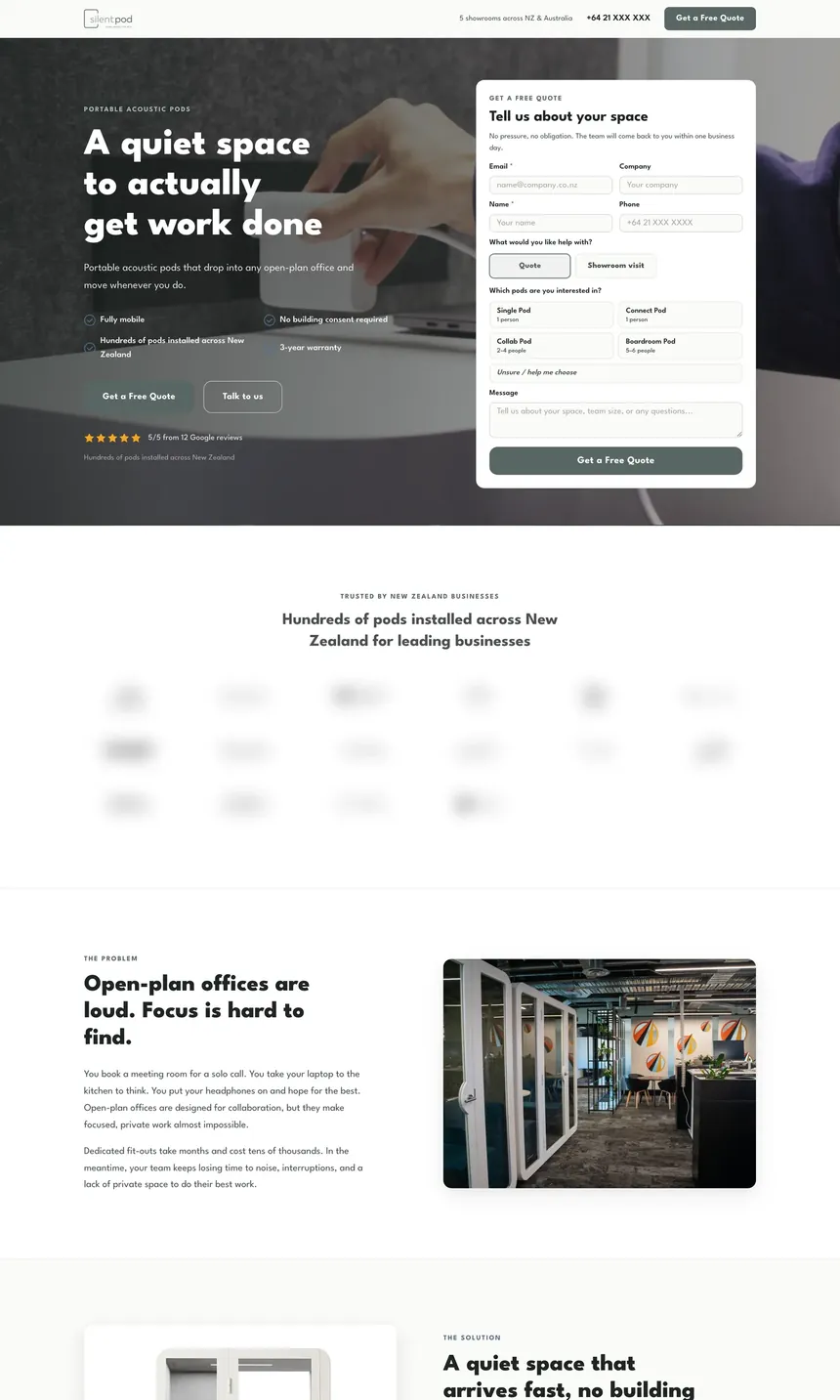 Silent Pod: the top of the page on desktop