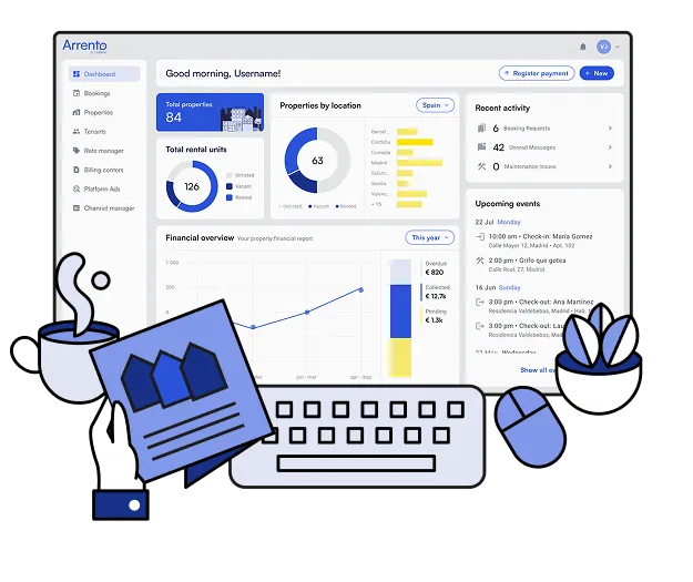 Dashboard de plataforma de gestión de propiedades Arrento con estadísticas de alquiler, unidades disponibles, análisis financiero y actividades recientes, ideal para propietarios y administradores de renta a corto y largo plazo.