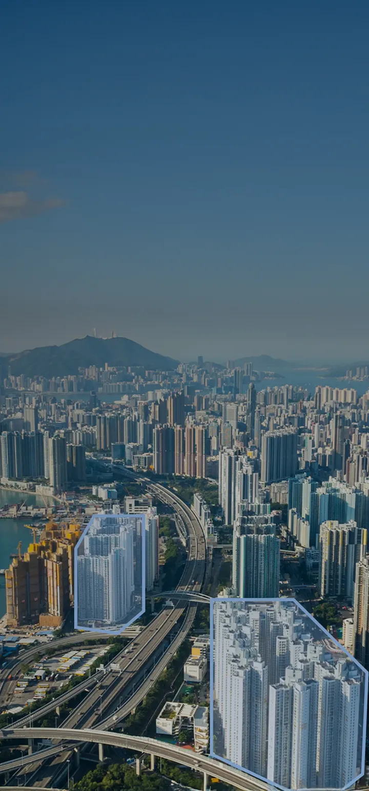 Victoria harbor skiyline with location intelligence data points overlay