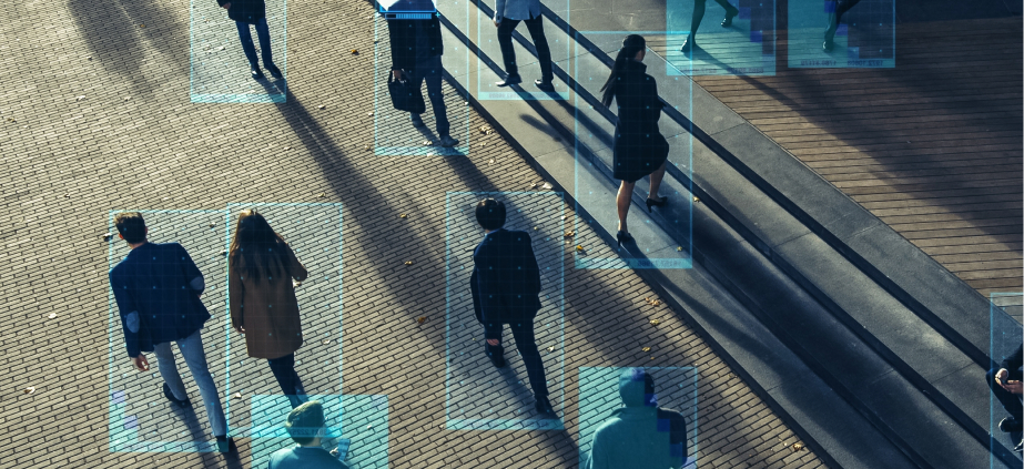 Overhead view of pedestrians with detection boxes