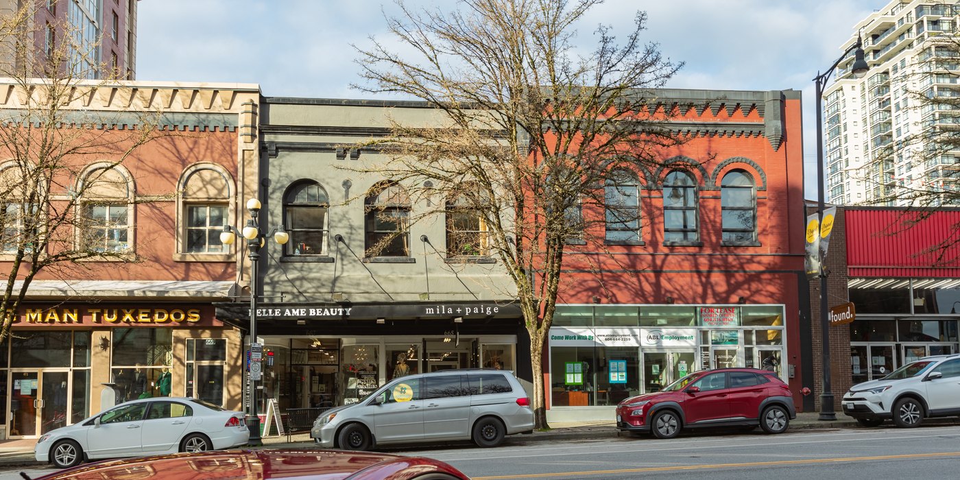 Storefronts along a city main street