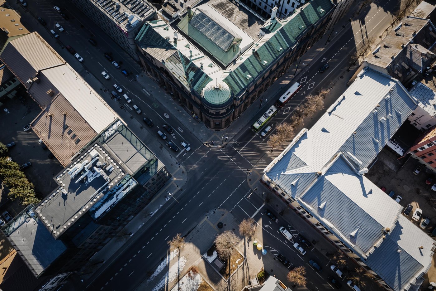 Aerial view of a city street intersection