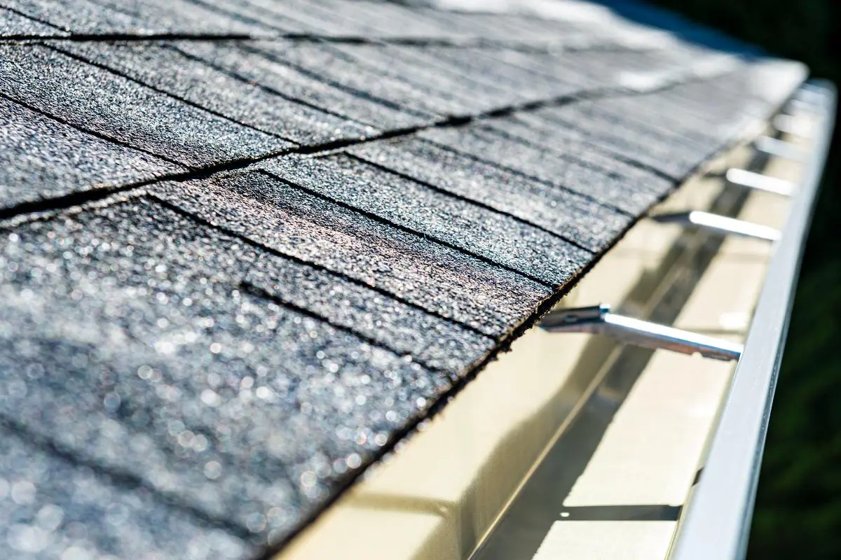 Close-up of gray asphalt roof shingles next to a clean metal rain gutter.