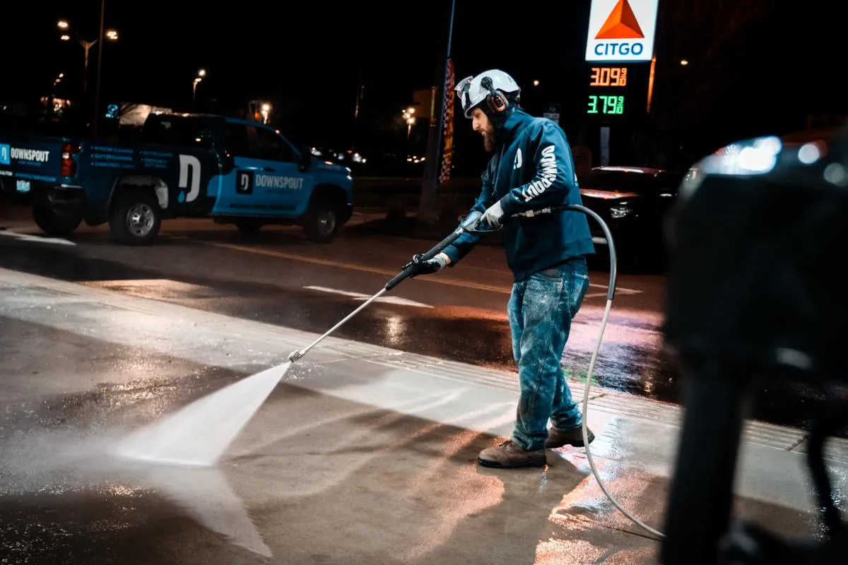 Man wearing safety gear pressure washing a sidewalk at night near a gas station with a Downspout company truck in the background.