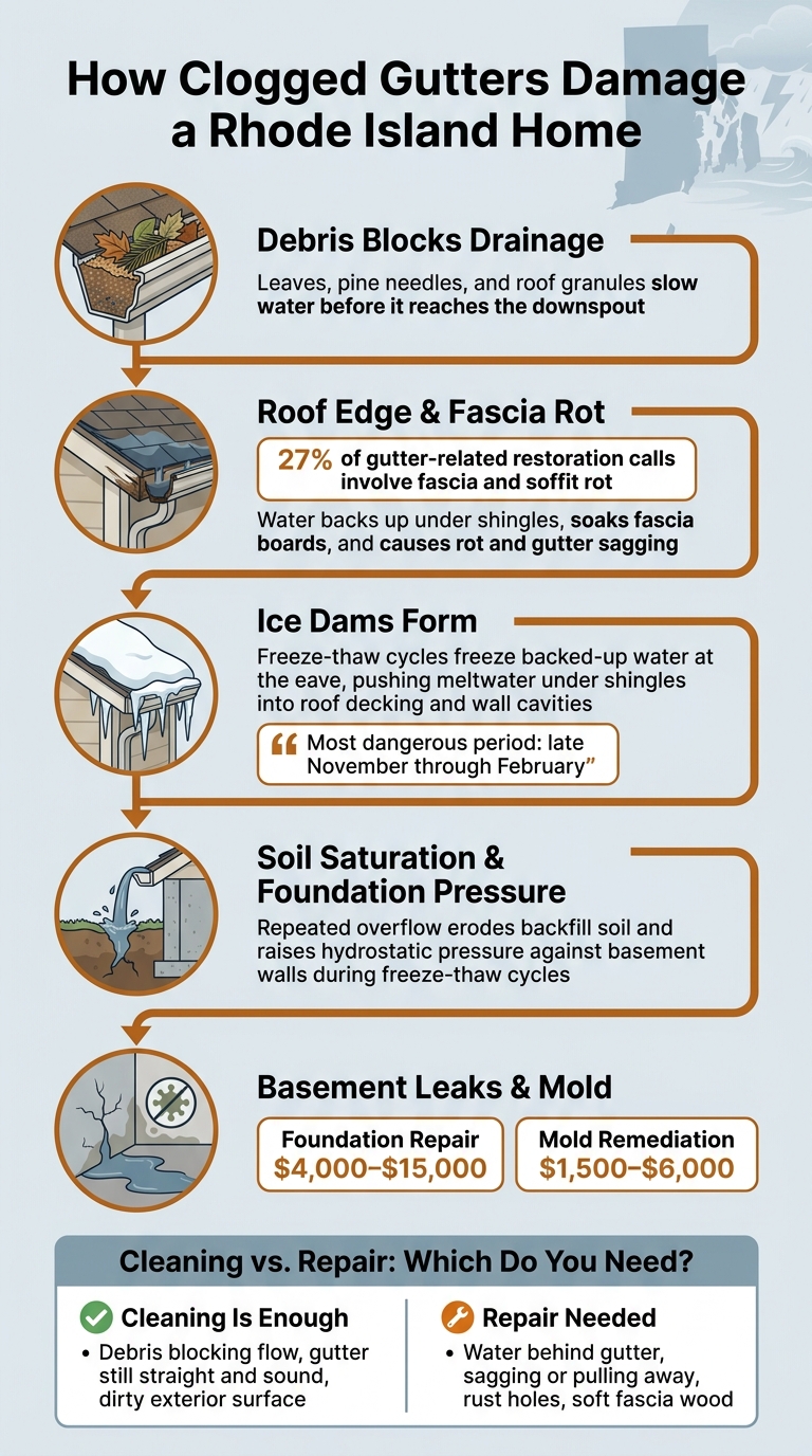 How Clogged Gutters Damage a Rhode Island Home: The Full Damage Chain