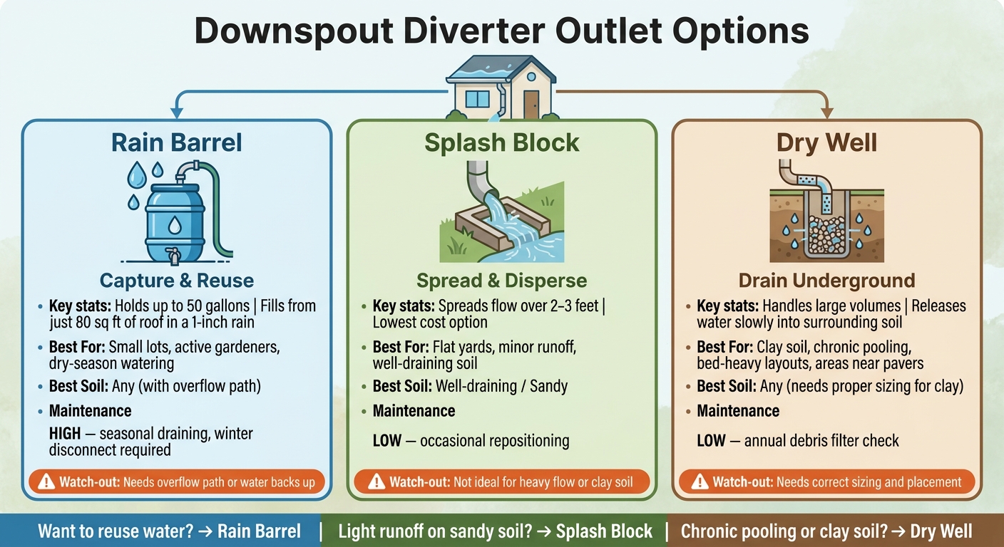 Downspout Diverter Outlet Options: Rain Barrel vs Splash Block vs Dry Well