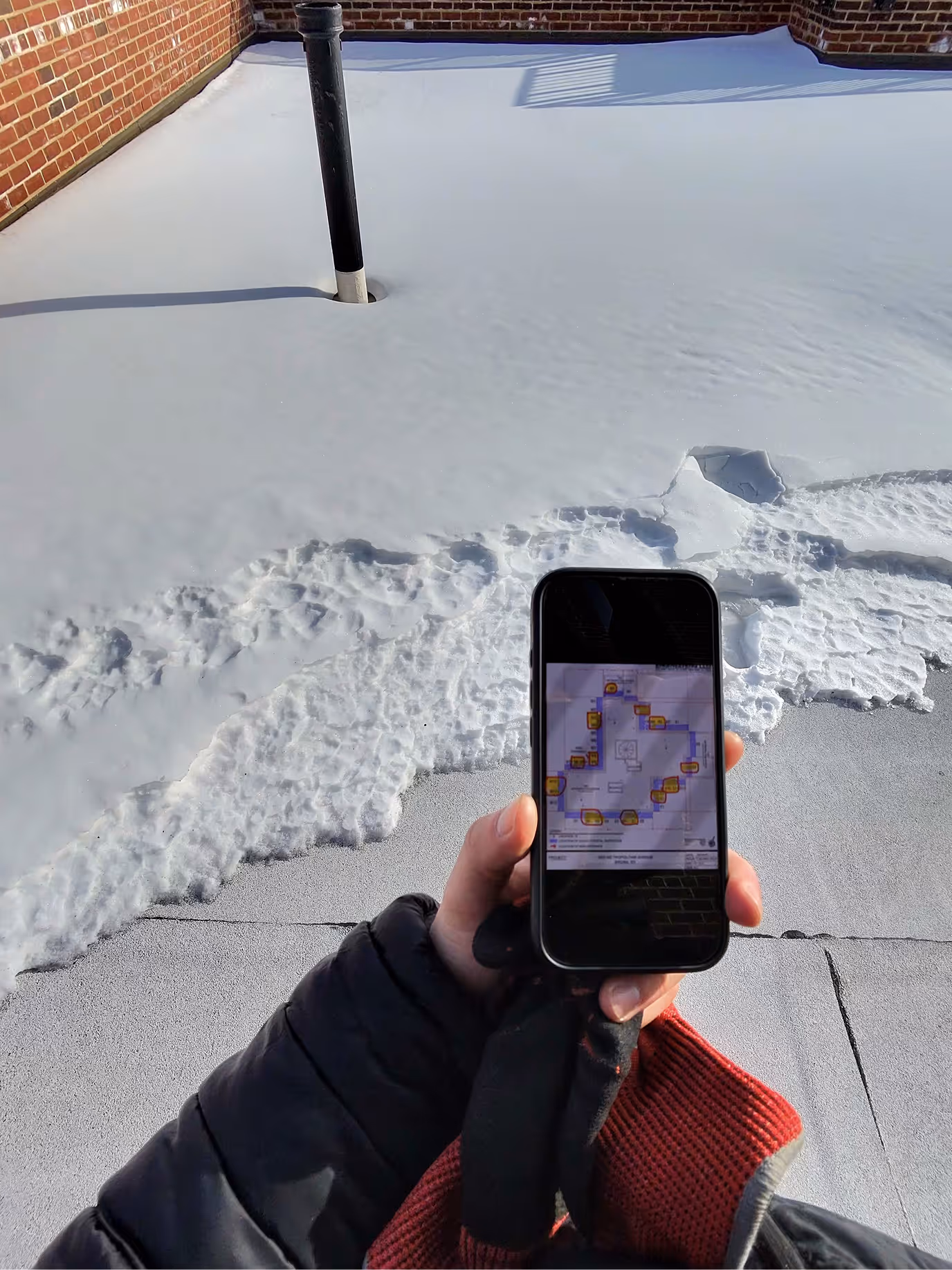 Person wearing black jacket and red glove holding a smartphone displaying a map, standing on a snow-covered rooftop with a drain pipe and brick walls in the background.