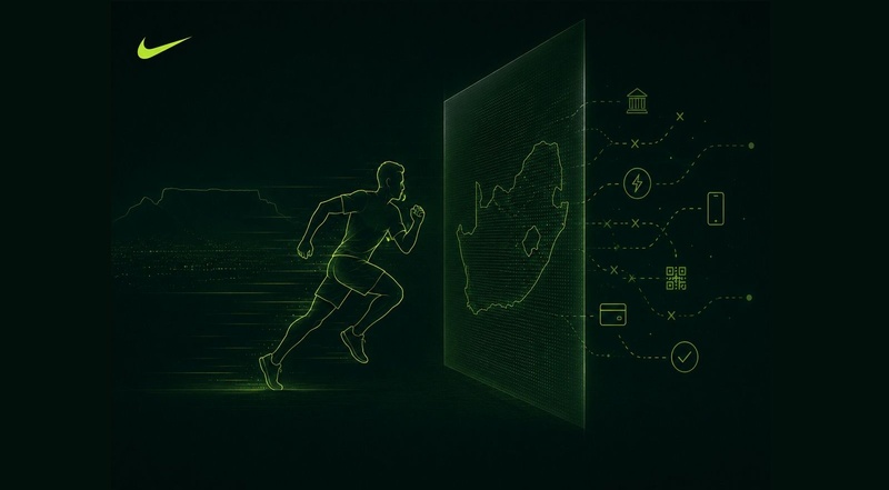 Nike logo and an illustrated runner sprinting towards a digital map of South Africa, connected to local payment methods