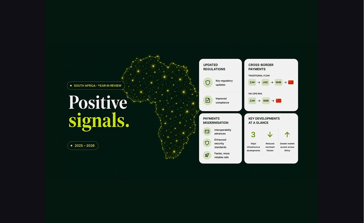 "Positive signals" headline over a glowing network map of Africa, with cards on regulation, cross-border payments and payments modernisation, 2025 to 2026