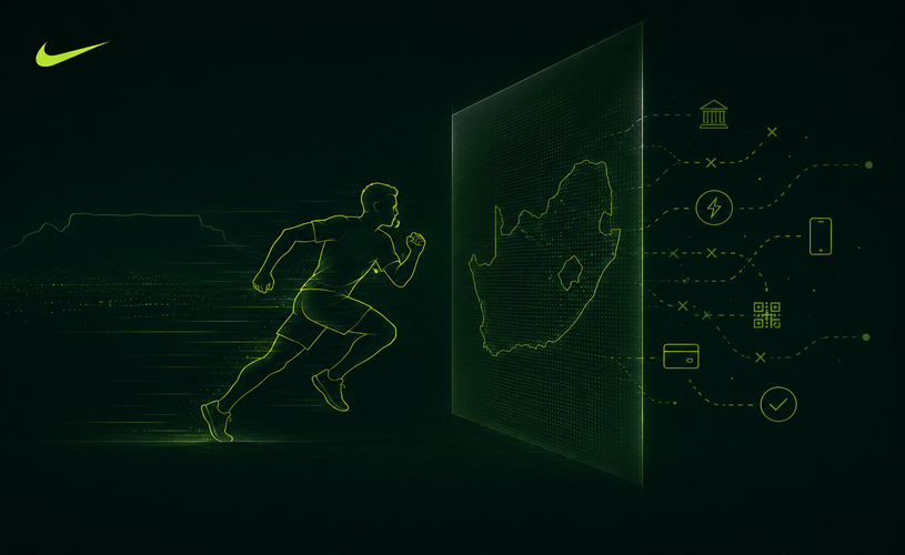 Nike logo and an illustrated runner sprinting towards a digital map of South Africa, connected to local payment methods