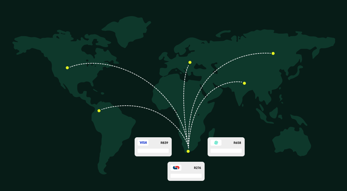 World map with payment routes from global markets converging on South Africa, settled in rand through Visa and local payment methods