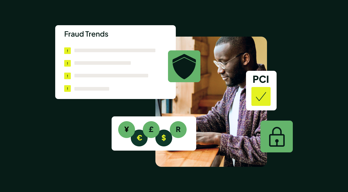 Man working on a laptop, framed by payment security graphics: fraud trends, PCI compliance, a padlock and currency symbols including the rand