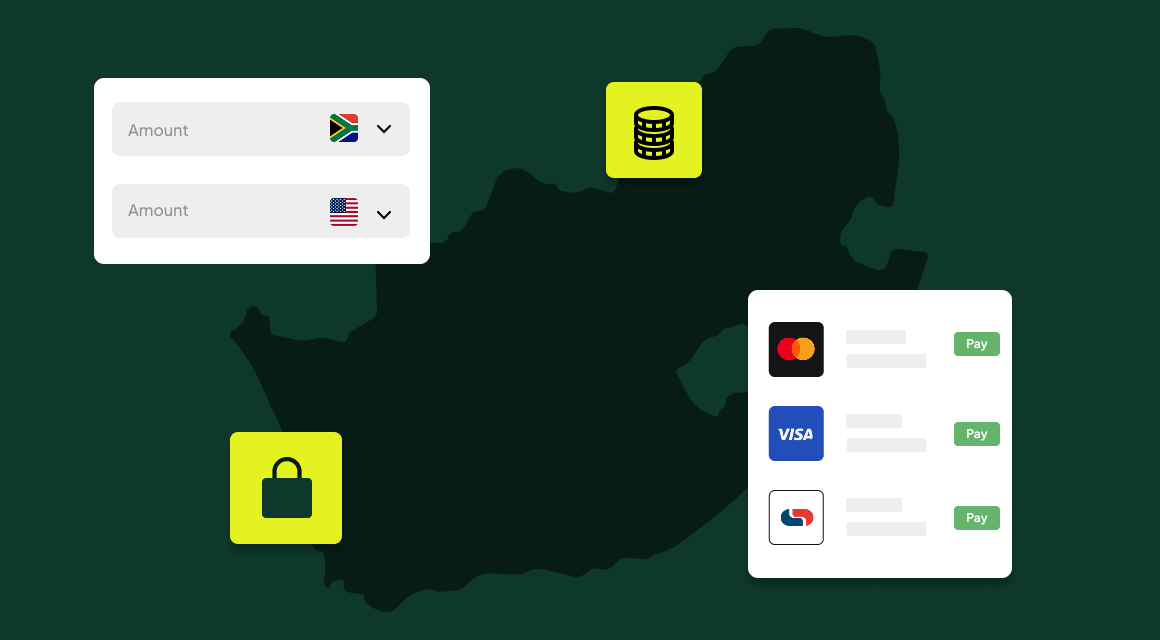 Map of South Africa with a rand to US dollar amount converter and local card payment options for cross-border checkout