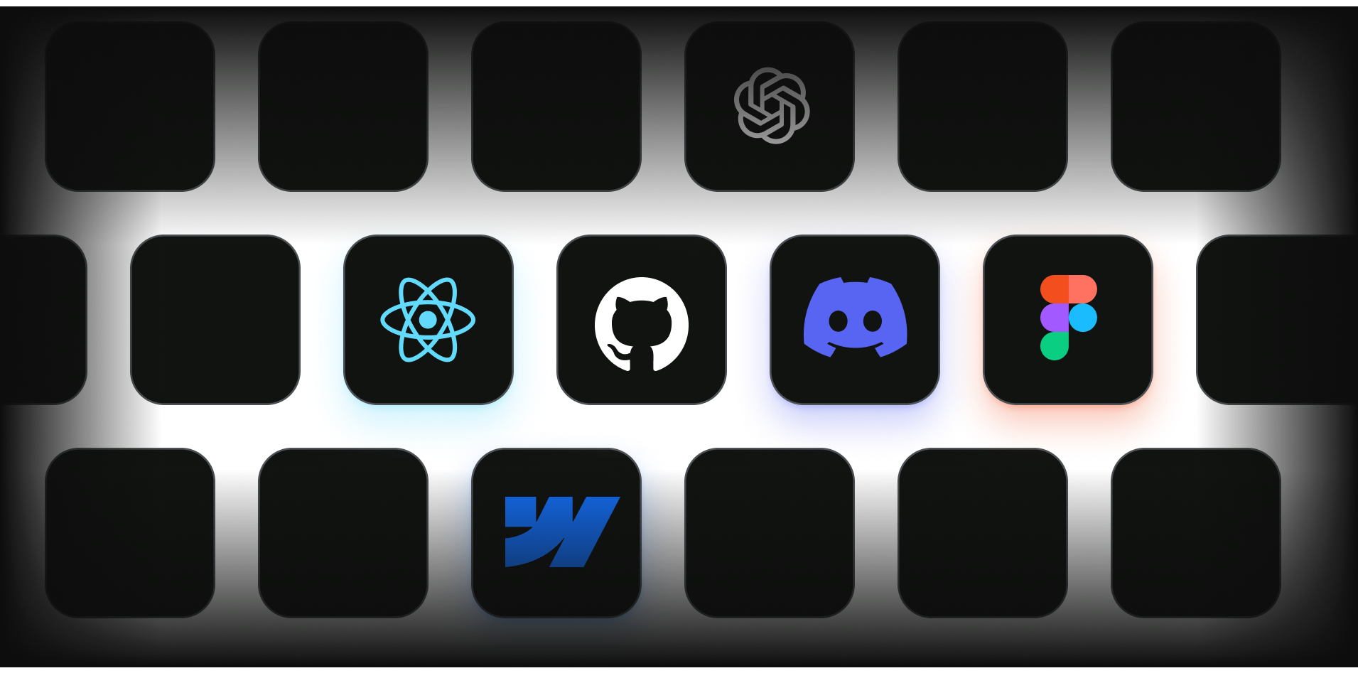 Open AI, React, Github, Discord, Figma, Webflow logos in grid