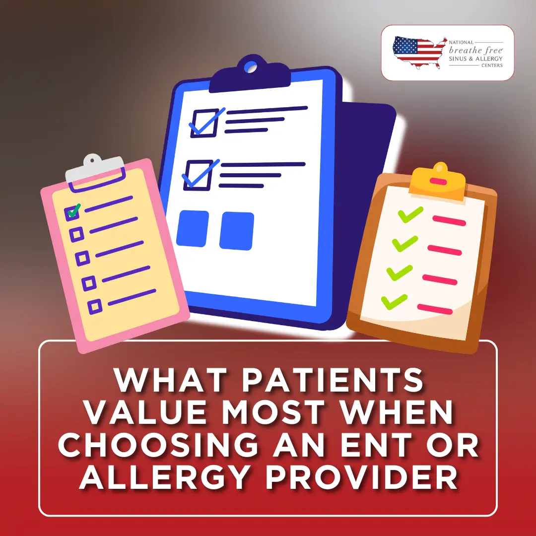Illustration of three checklists with the text "What Patients Value Most When Choosing an ENT or Allergy Provider"