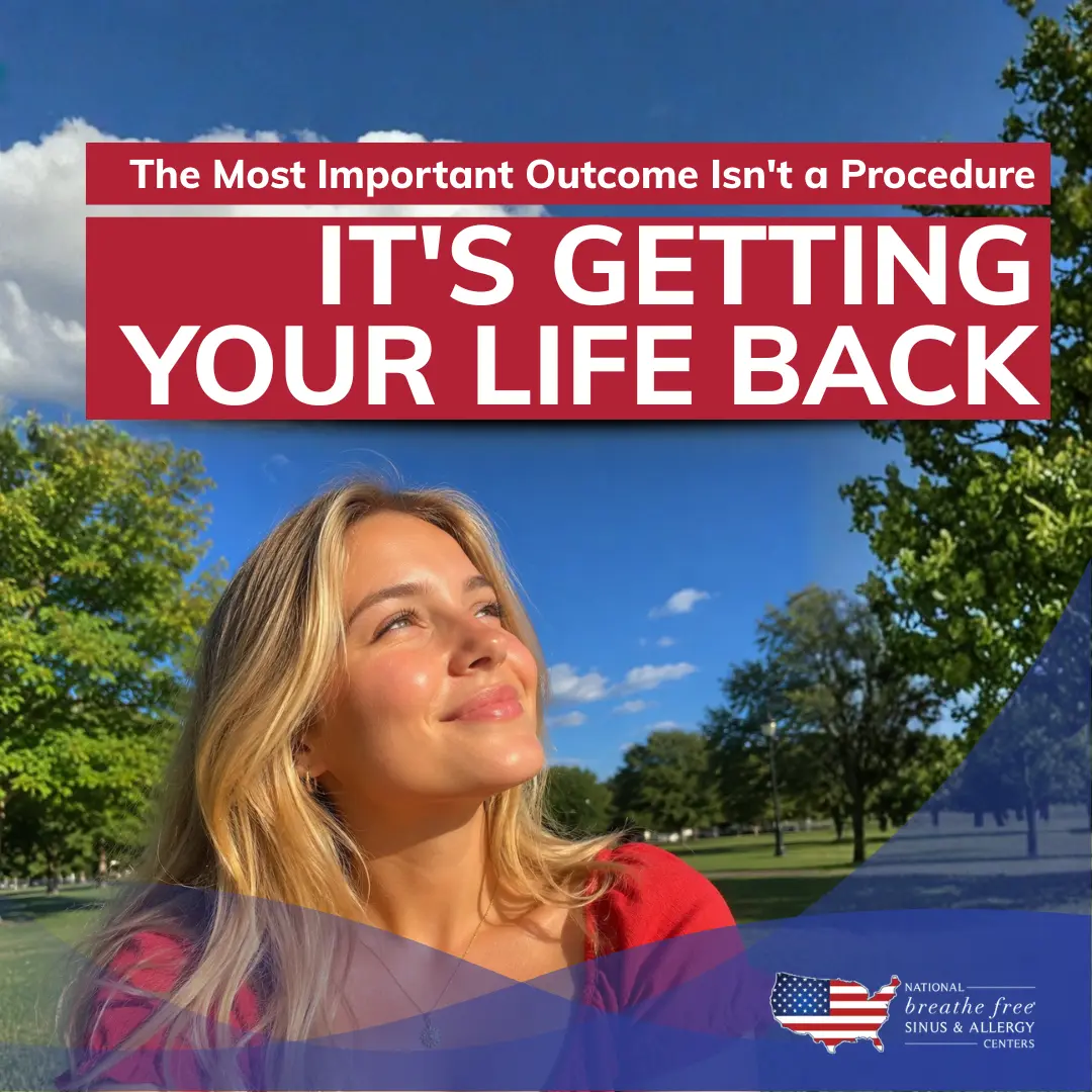 Woman smiling and looking up at a clear blue sky in a park, with the text "The Most Important Outcome Isn't a Procedure — It's Getting Your Life Back"