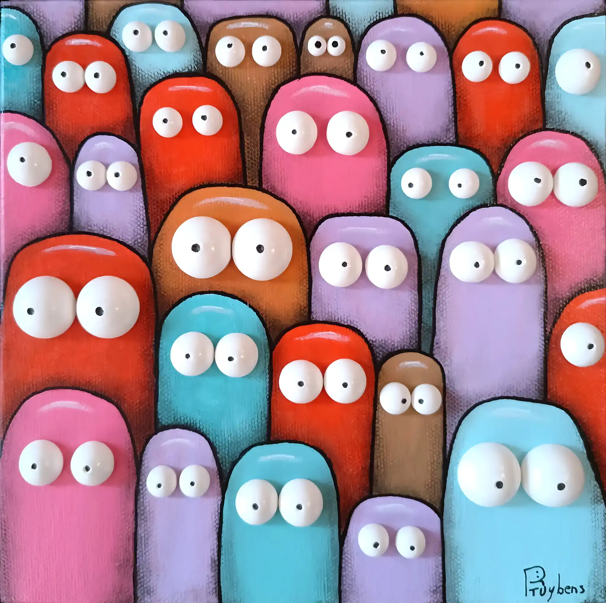 Personnages colorés aux grands yeux en relief, palette pastel et vive, style pop, composition dense et ludique.