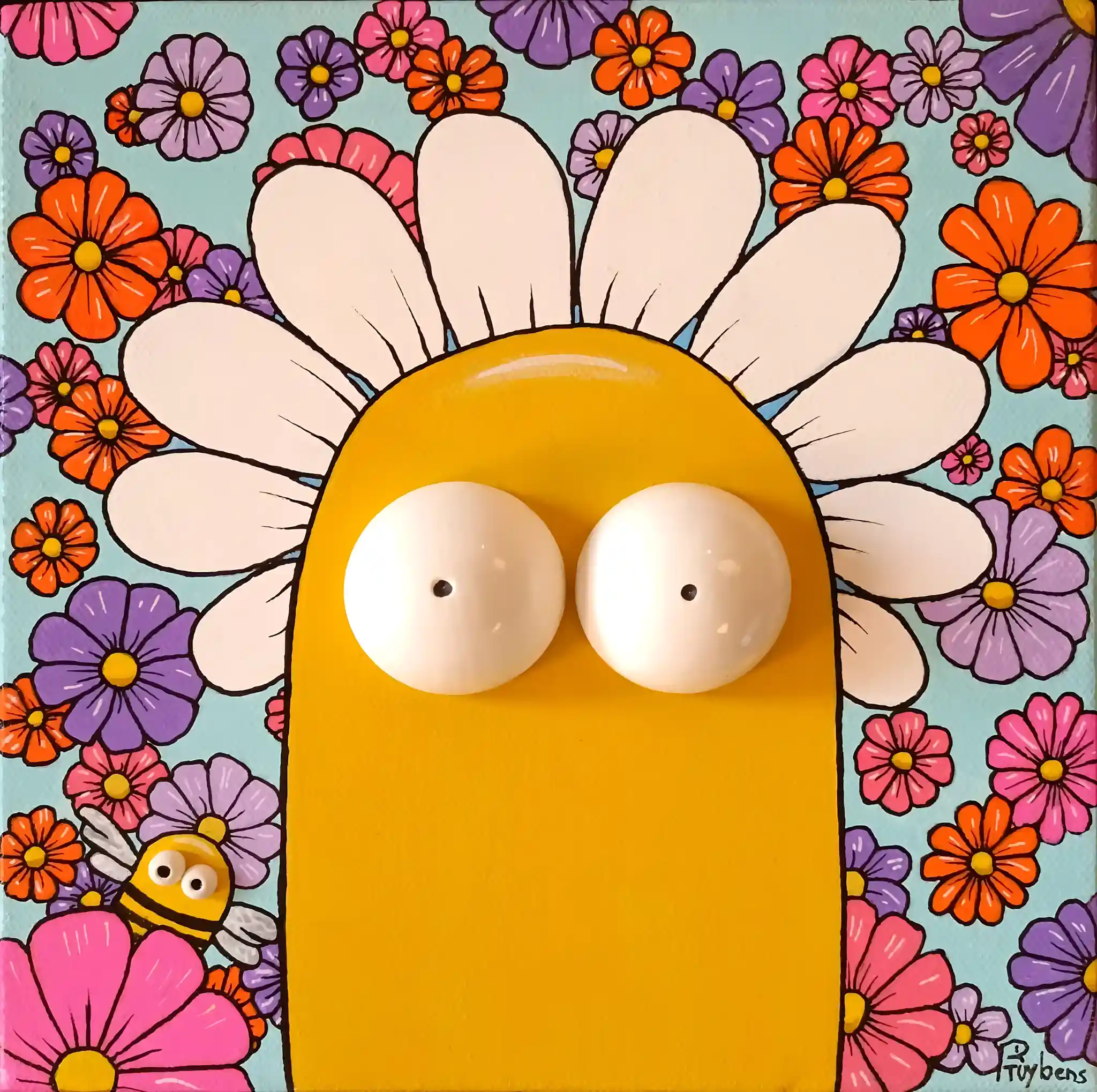 Personnage jaune stylisé sur fond de fleurs colorées, pétales blanches et yeux en relief, style pop contemporain.