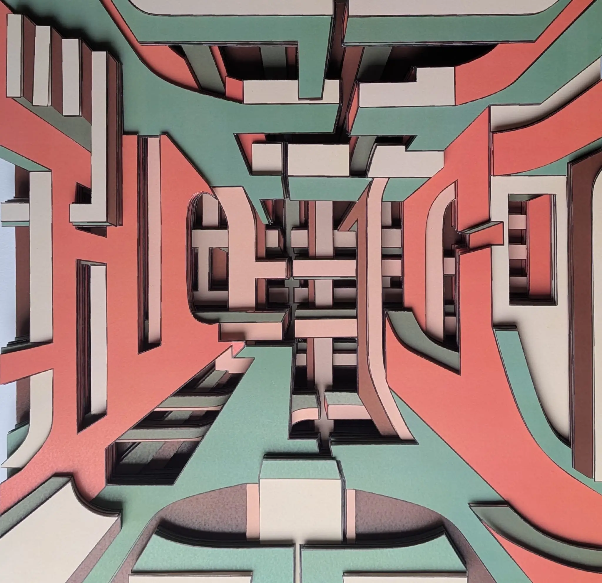  Relief en papier vert sauge, corail et crème aux formes géométriques et perspectives architecturales modernes.