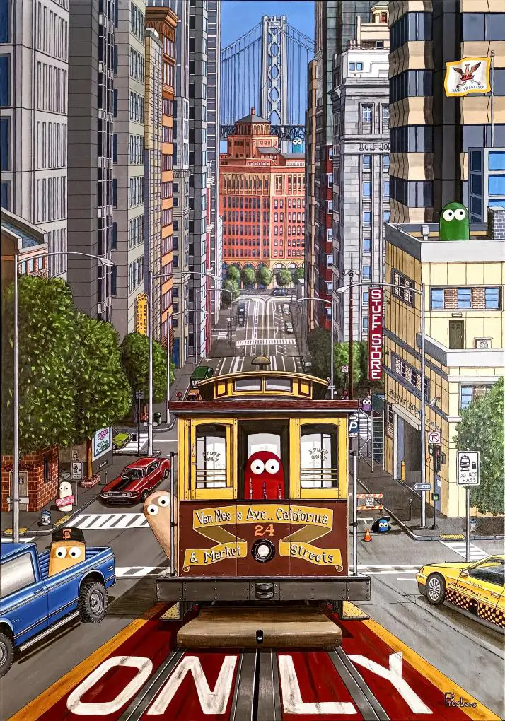Créatures colorées sur California Street, paysage urbain joyeux et ludique, touches acryliques éclatantes.