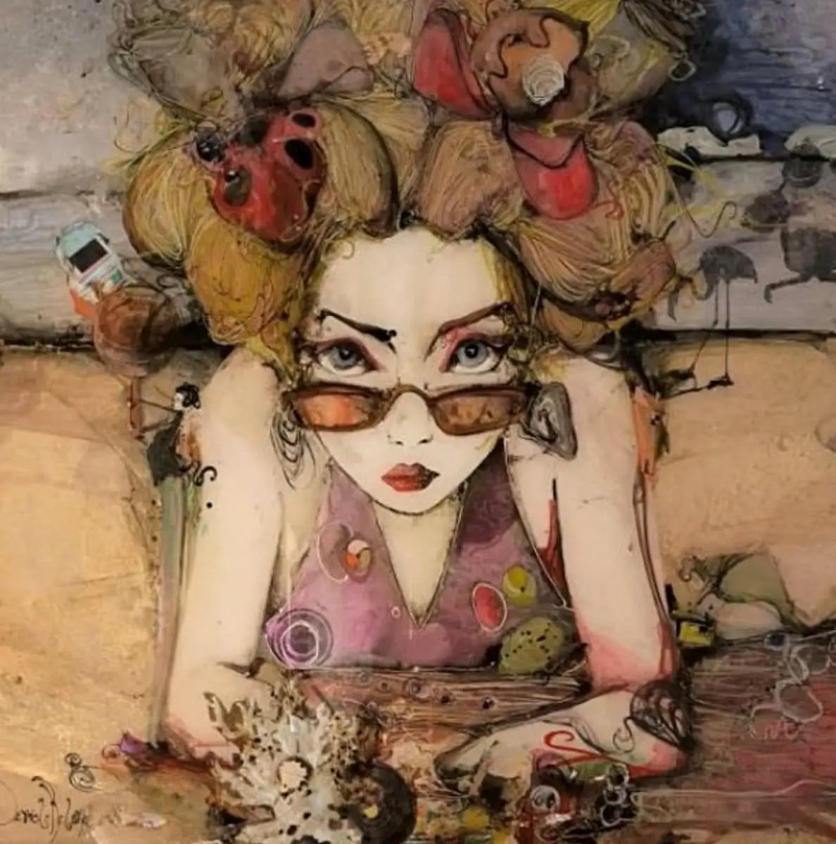 Portrait féminin fantasque aux tons sable et rose, lunettes ambrées, détails floraux et marins, touche surréaliste.