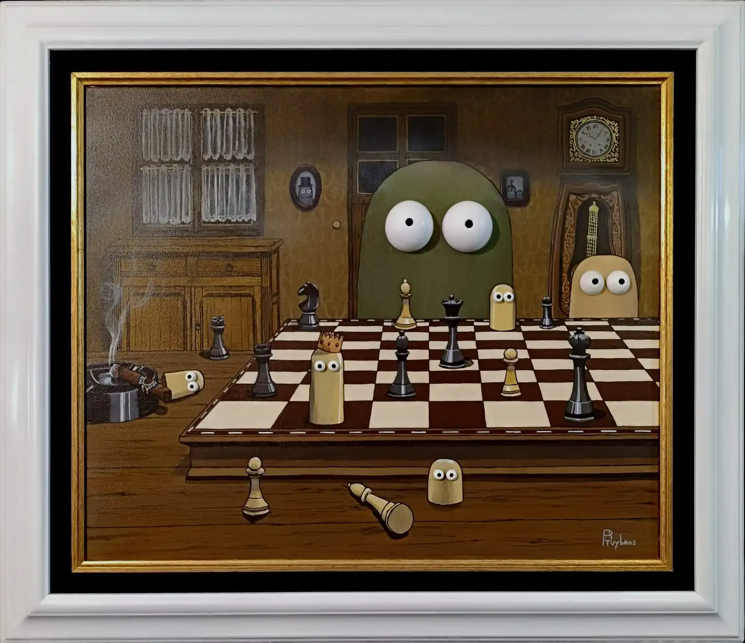 Scène d’échecs humoristique, pièces anthropomorphes aux grands yeux, palette brune et crème, ambiance surréaliste.