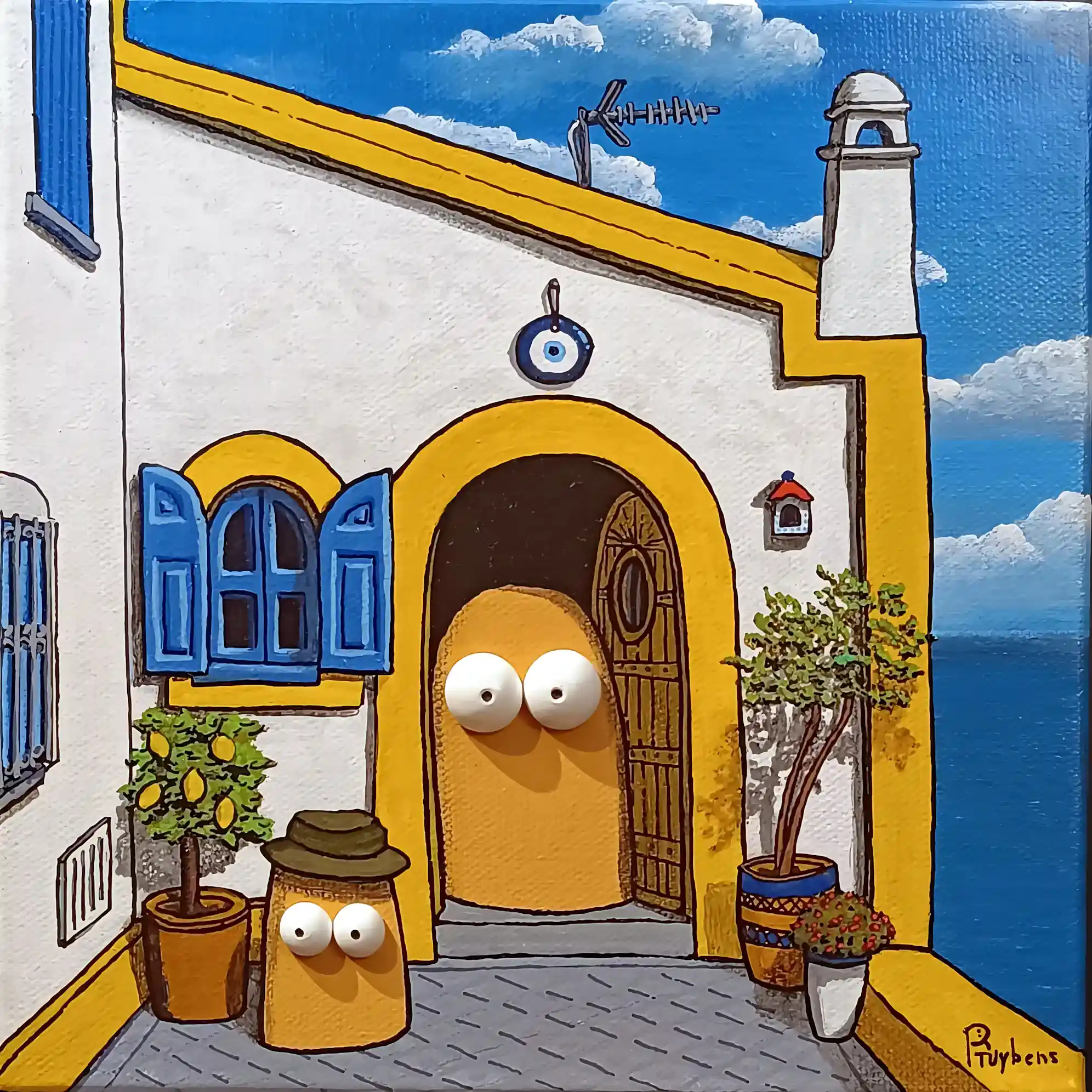 Façade blanche et jaune au bord de mer, volets bleus, deux personnages aux yeux ronds, ambiance ensoleillée.