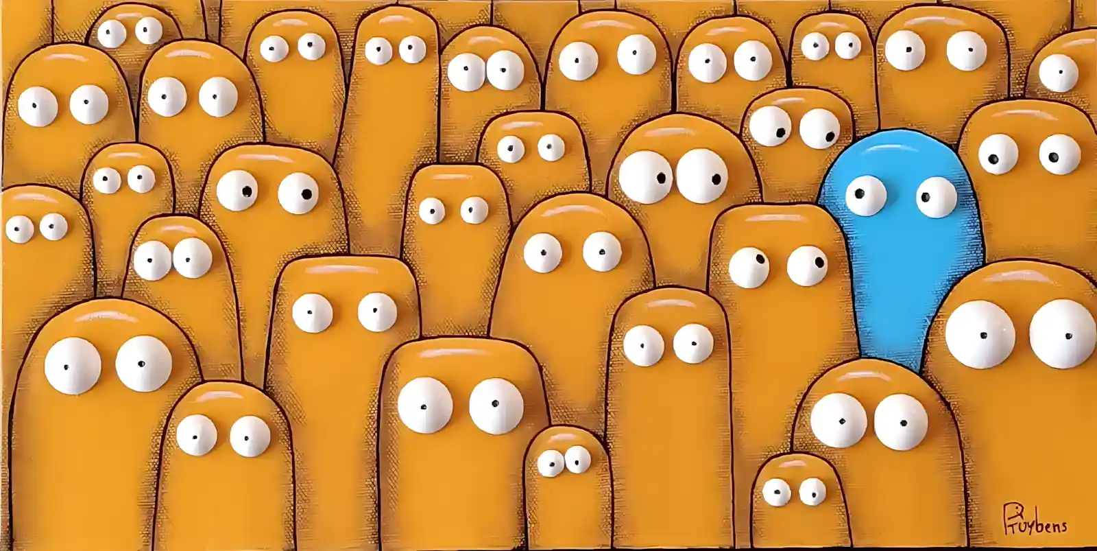 Groupe de personnages orange aux grands yeux ronds, un sujet bleu se détache, style ludique et graphique.