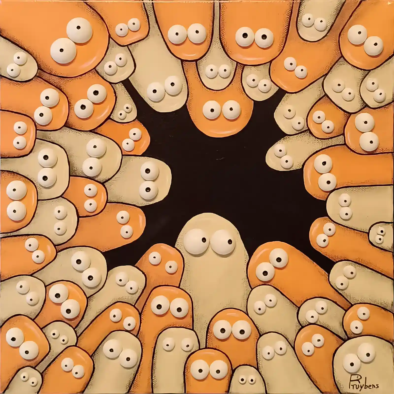 Assemblée de personnages aux yeux blancs expressifs, palette orange et beige, style naïf chaleureux signé Rémy Tuybens.