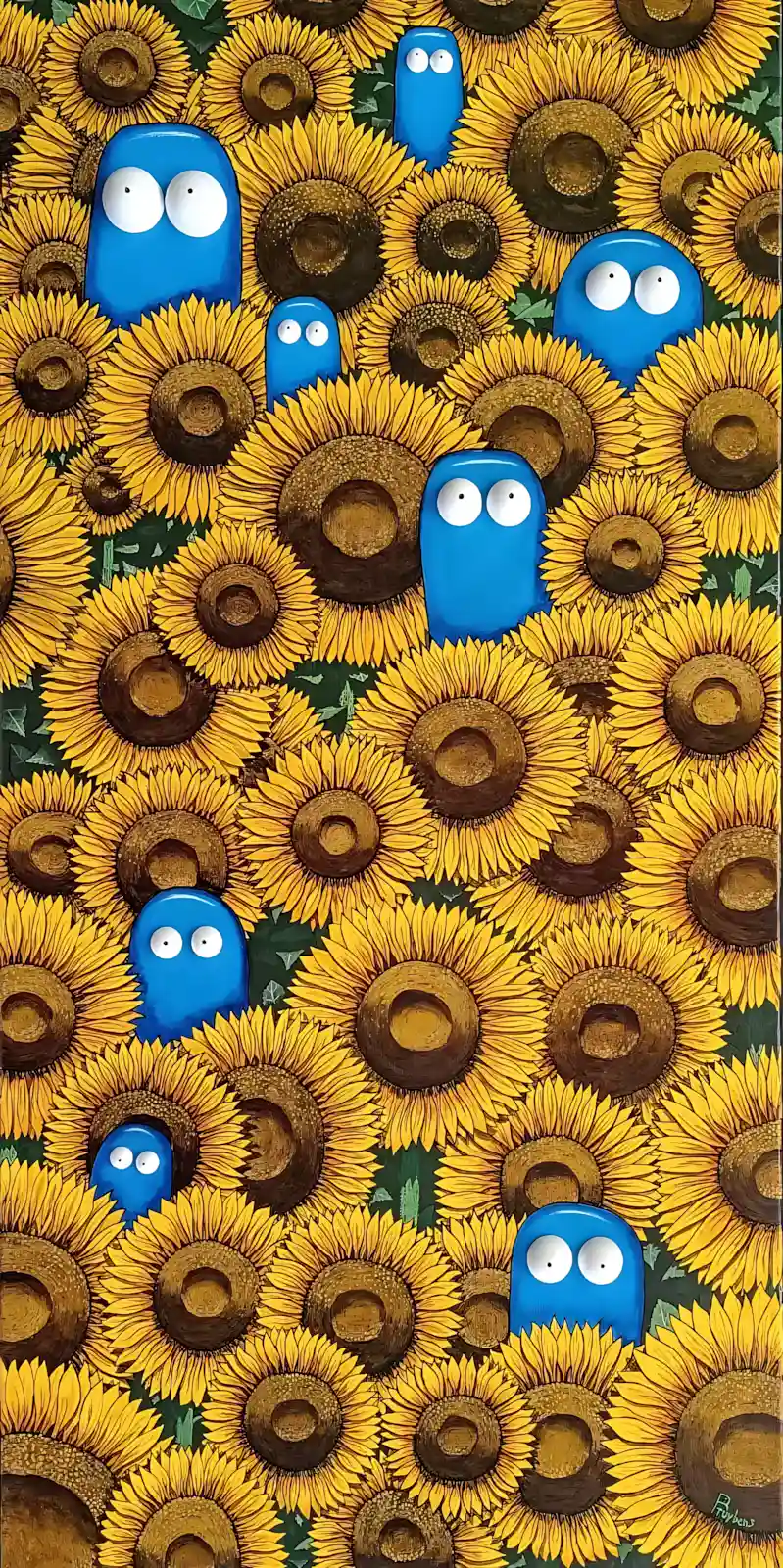 Tournesols jaunes vifs avec personnages bleus aux yeux ronds, style pop art contemporain coloré et fantaisiste 