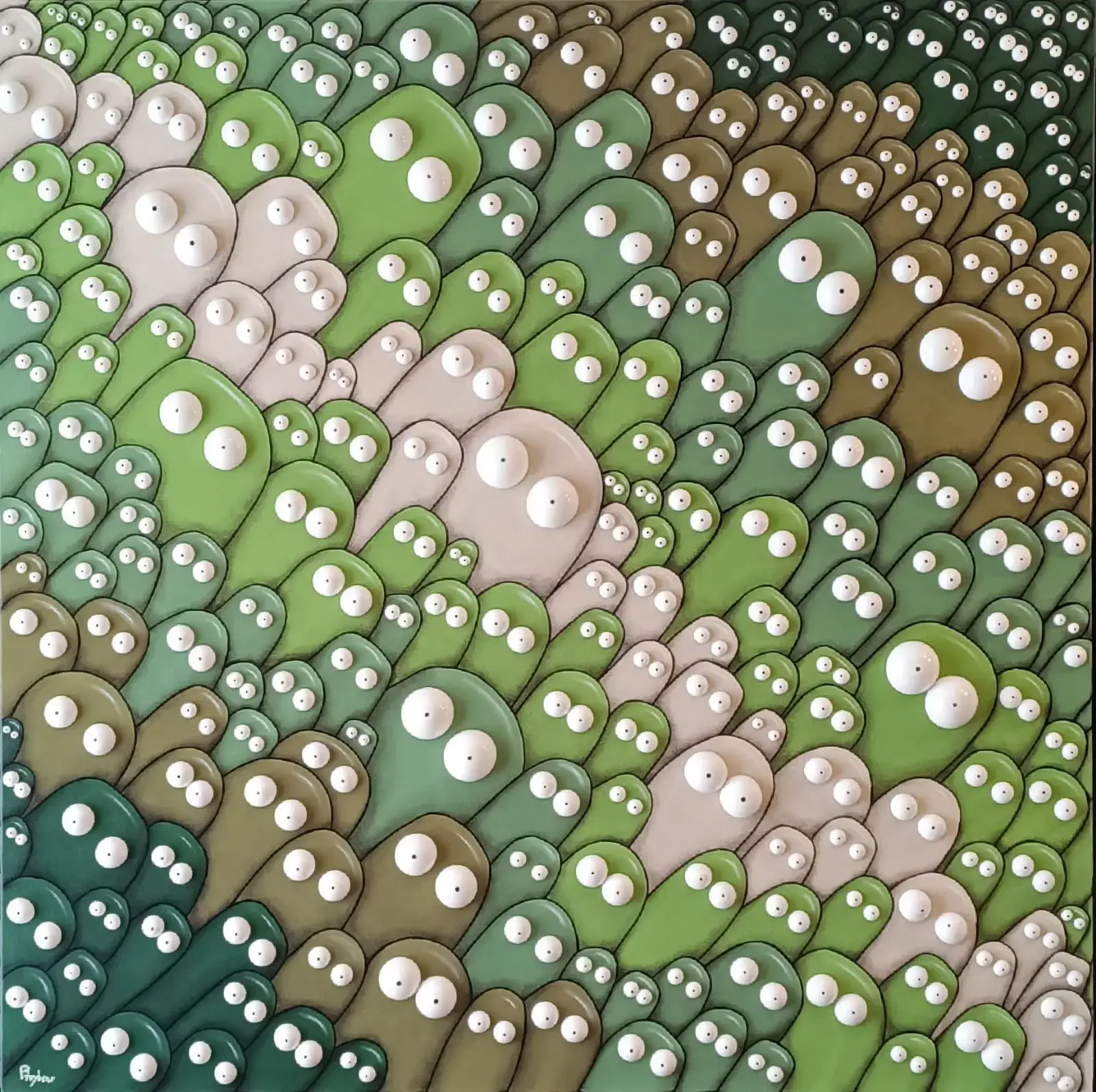 Composition abstraite de formes organiques vertes, beiges et brunes parsemées d'yeux blancs en relief, style pop naïf.
