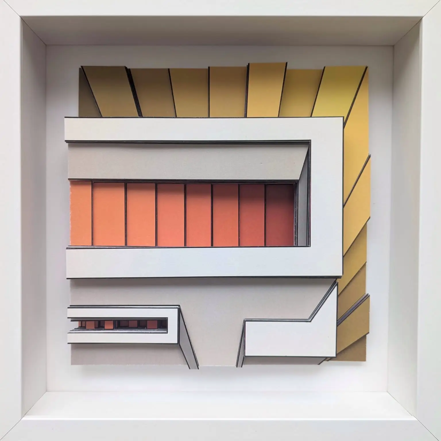 Relief géométrique aux dégradés orangés et jaunes sur fond blanc, lignes noires marquant une architecture. 