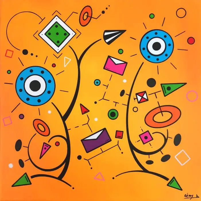 Composition géométrique d'un visage abstrait sur fond orange avec deux cercles bleus évoquant des yeux et une enveloppe violette suggérant une bouche.