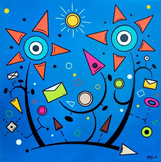 Figures géométriques orange sur fond bleu vif, ornées d'yeux ronds, soleil jaune et enveloppes multicolores flottantes