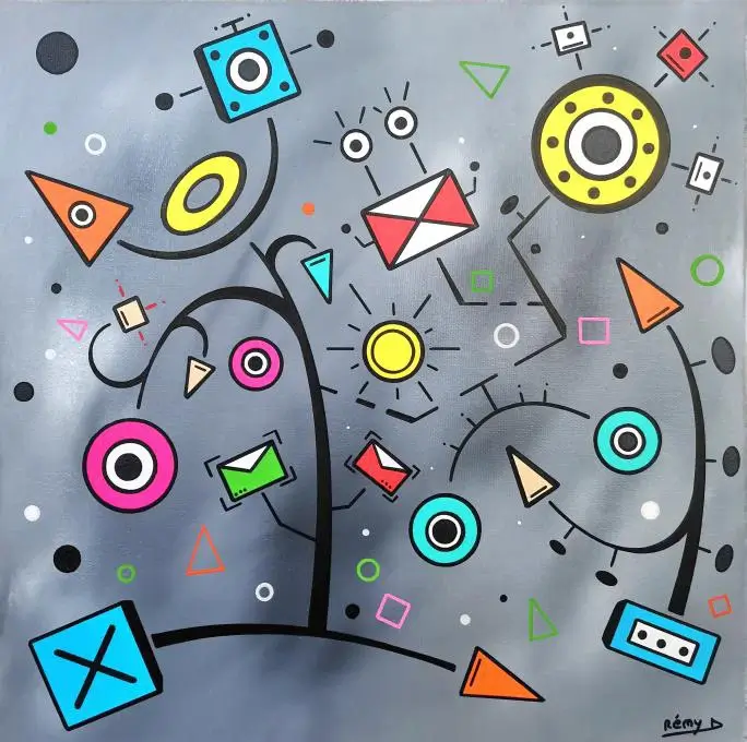 Fond gris, géométrie pop avec cercles rose et turquoise, triangles orange et enveloppes rouges, lignes noires courbes.