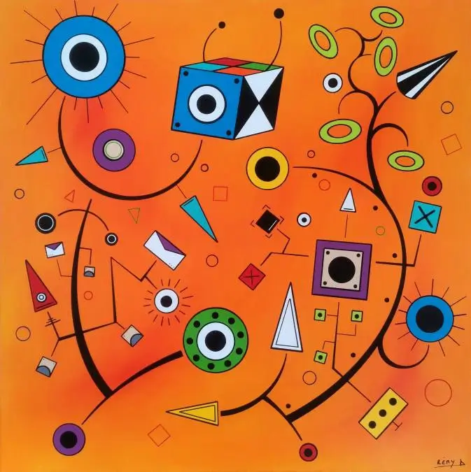 Composition géométrique orange avec cercles bleus, triangles, carrés colorés et lignes noires courbes dynamiques.