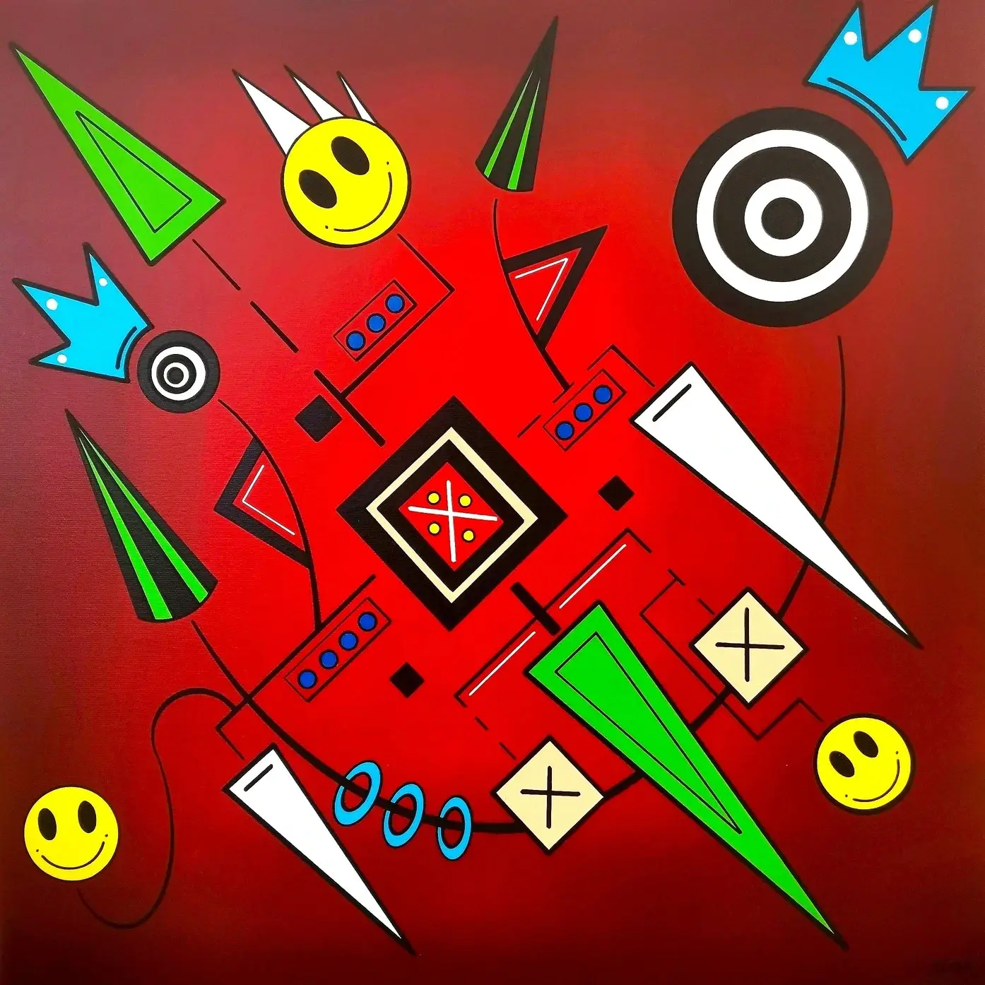 Fond rouge intense avec formes géométriques colorées, triangles verts, smileys jaunes, cibles noires, flèches bleues et blanches.