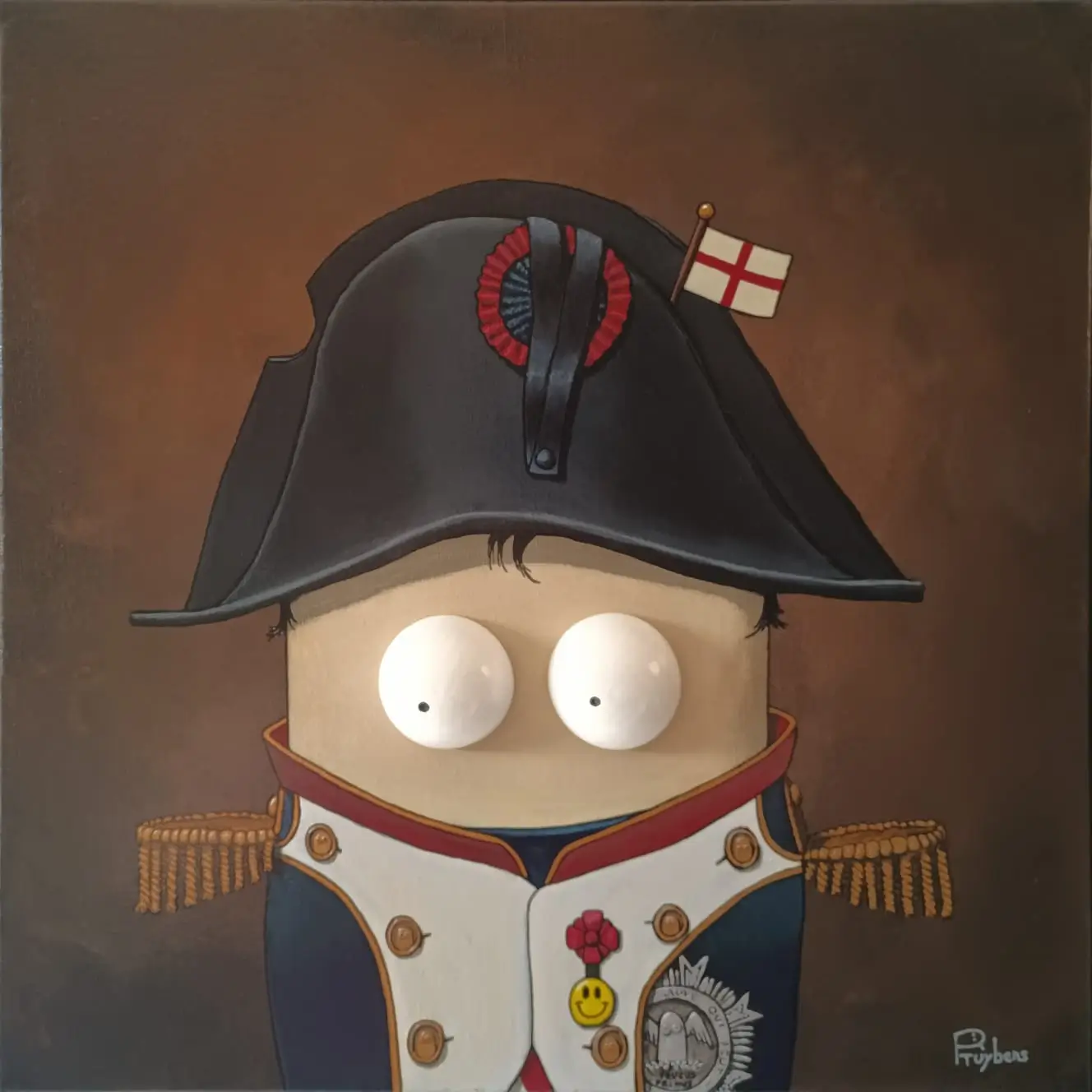 Personnage naïf en uniforme napoléonien bleu et blanc, bicorne noir, yeux ronds, fond brun, traitement humoristique.