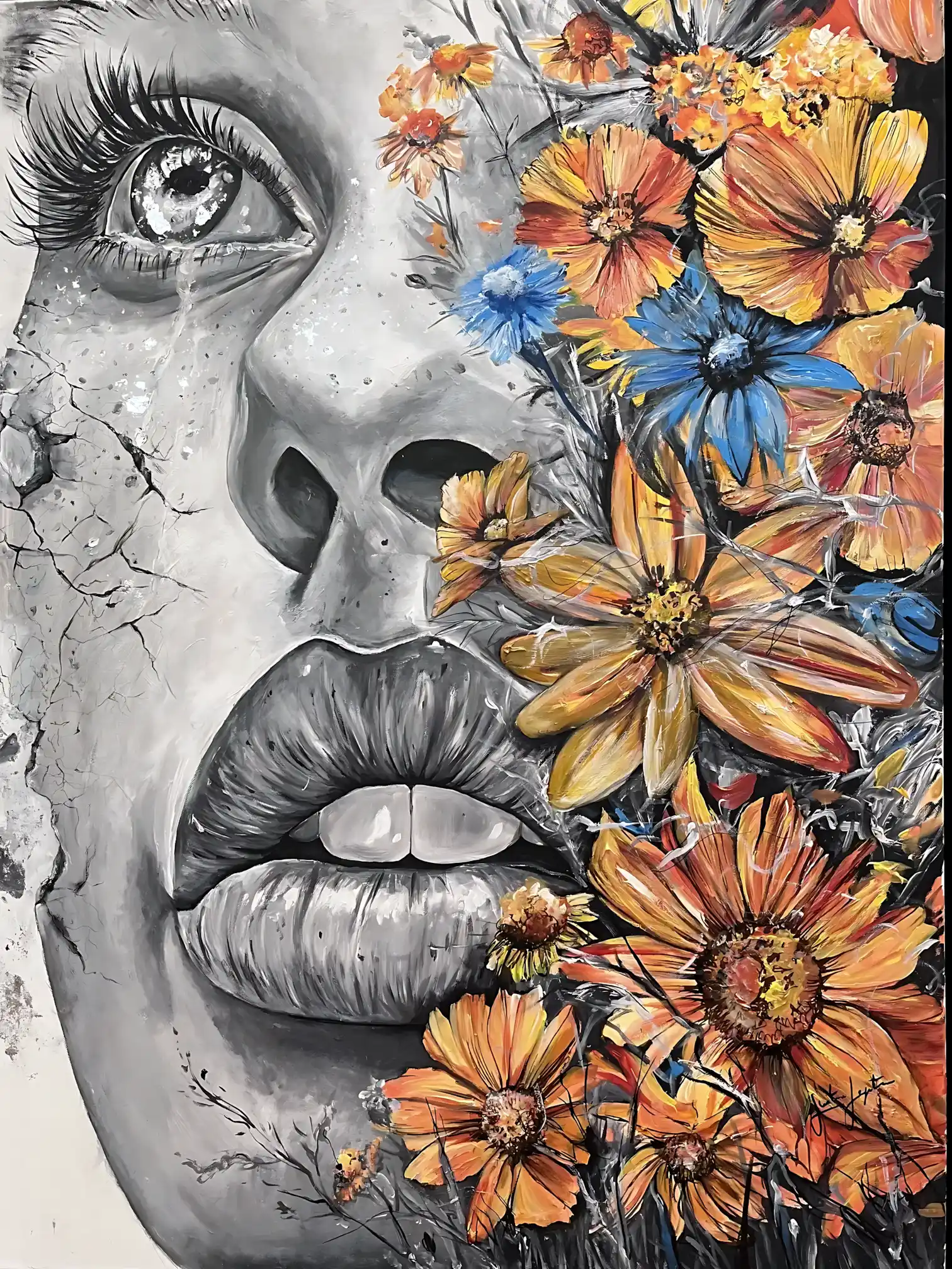 Visage féminin monochrome fissuré avec larme, envahi de fleurs orangées et bleues éclatantes, symbolisant force et renaissance