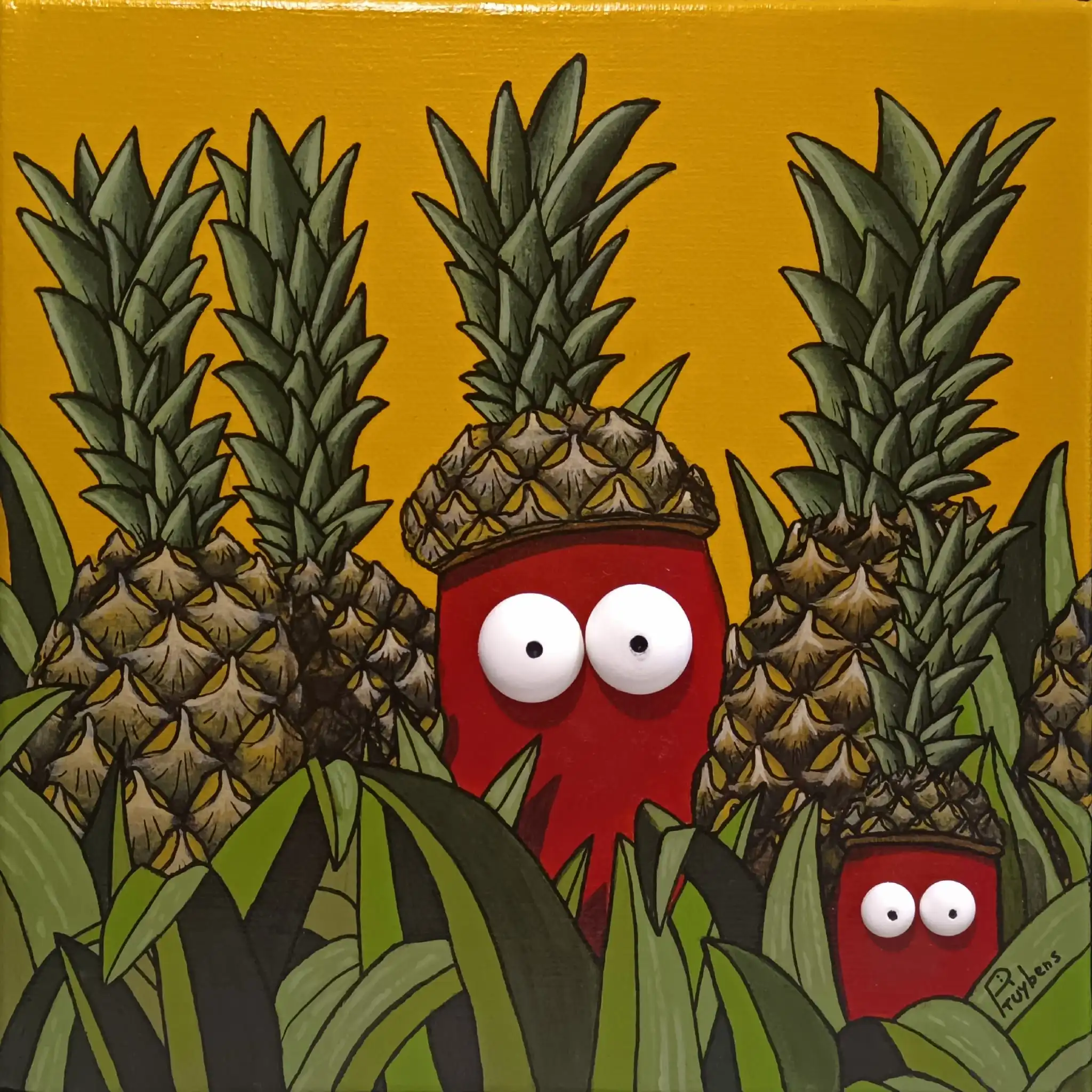 Personnages rouges coiffés d'ananas entre feuillages verts, fond jaune éclatant, composition tropicale humoristique.