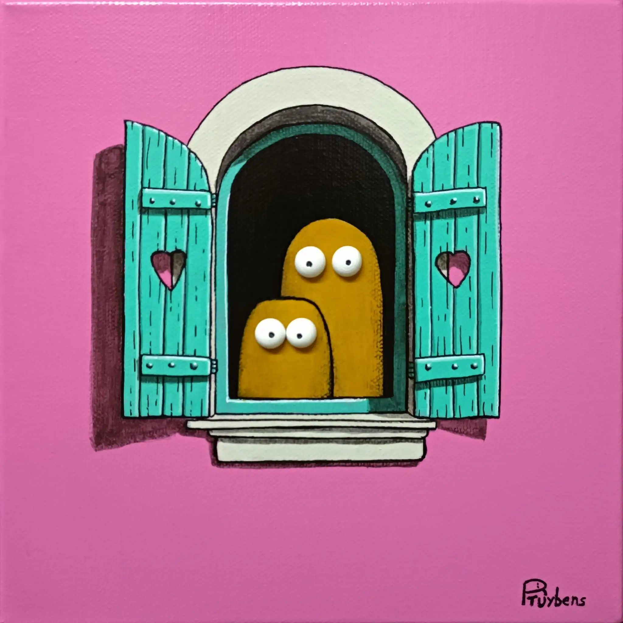 Deux personnages jaunes à la fenêtre avec volets turquoise, fond rose vif, scène tendre et colorée.