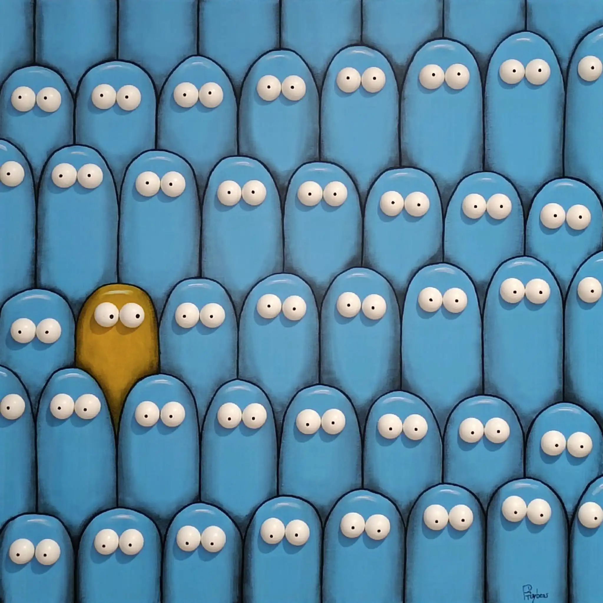 Multitude de personnages bleus aux yeux ronds avec un seul personnage doré au centre, composition rythmée et dense.