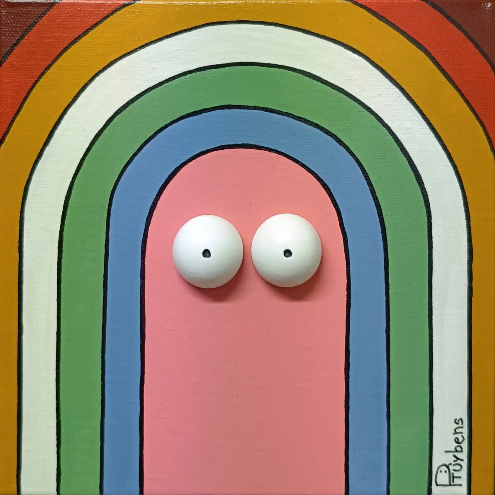 Personnage rose au centre de cercles concentriques colorés orange, jaune, vert et bleu, composition géométrique joyeuse.