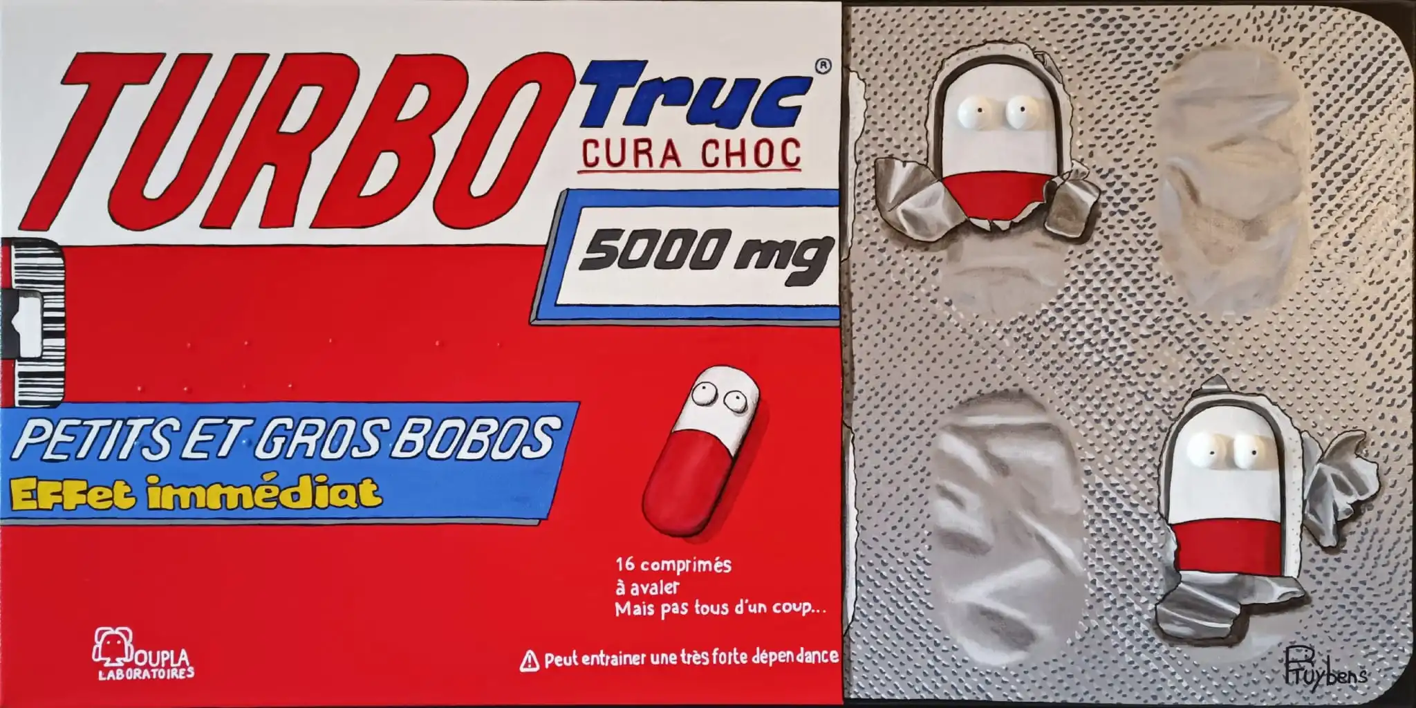 Boîte de médicaments détournée avec personnages gélules rouge et blanc, fond beige, composition pop humoristique.