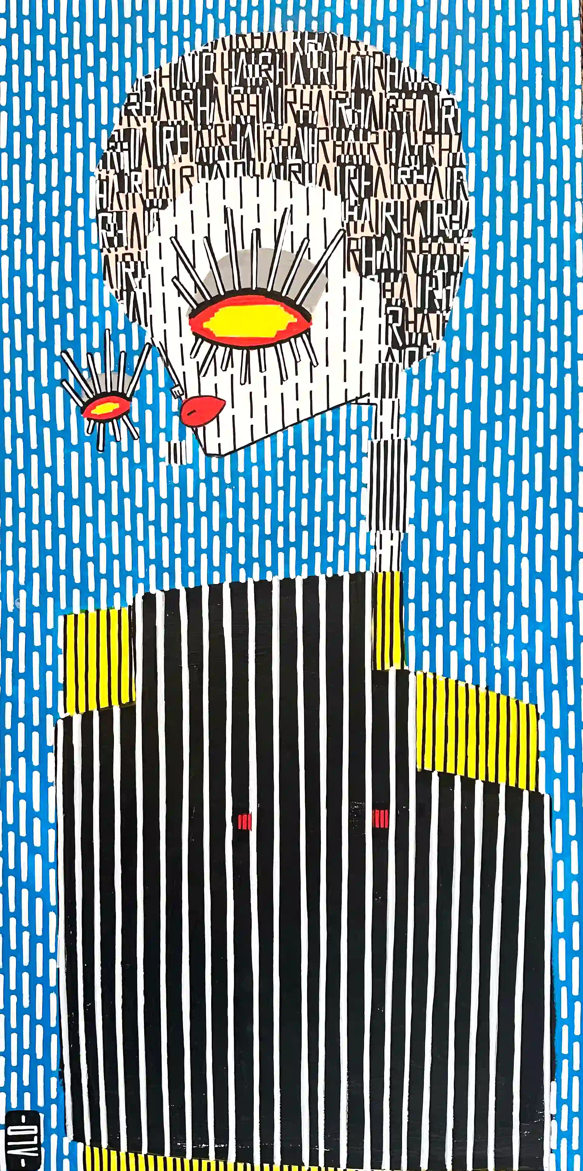 Portrait féminin de profil, fond bleu à motifs blancs, œil jaune, cheveux typographiques, manteau rayé noir et blanc.