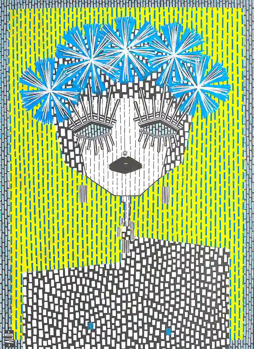 Visage graphique sur fond jaune vif, motifs bleus étoilés au-dessus, vêtement à damier noir et blanc, style pop art. 