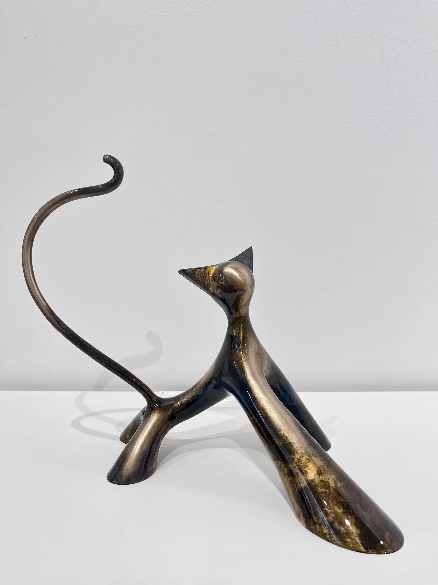 Sculpture noir gris brossé meulé, queue sinueuse, reflets fumés et surfaces satinées.